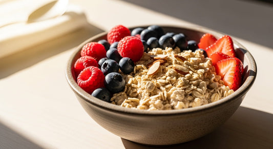 A bowl of cooked buckwheat porridge topped with nuts and seeds placed on a natural wooden table, warm natural lighting, healthy diabetic-friendly meal photography