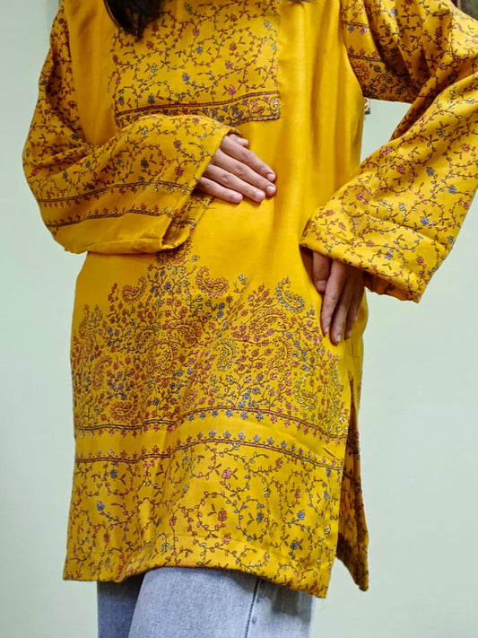 Yellow pashmina shirt for women with heavy floral embroidery - Traditional winter kurti from Gilgit Baltistan